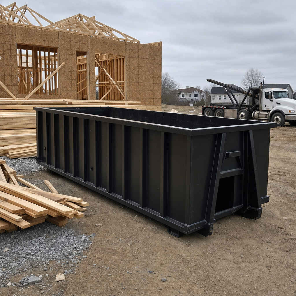 Matte-black 40-yard roll-off dumpster staged on a framed-out residential construction site in Baytown, framing lumber stacked nearby, hooklift delivery truck visible in the background under bright Colorado daylight