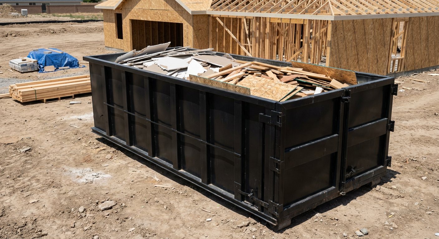 Matte-black 30-yard roll-off construction dumpster sitting directly on the compacted-dirt site of a framed single-family home build in Baytown, drywall and lumber scrap loaded inside.