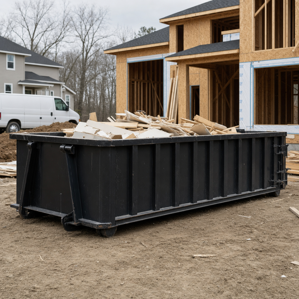 Worker in a yellow high-visibility vest tossing framing lumber and broken drywall into a matte-black 30-yard construction roll-off dumpster on an active build site in Baytown, bright daylight