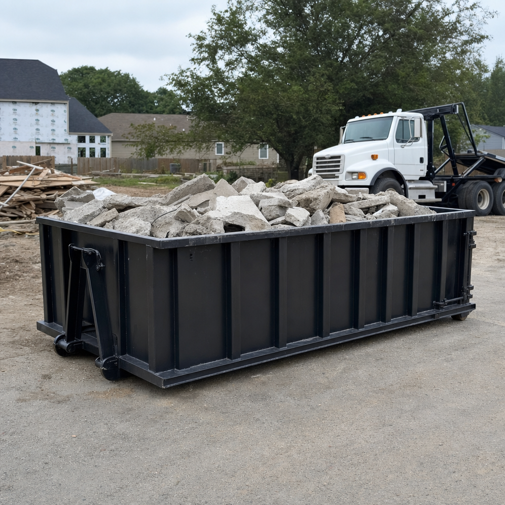 Low-profile matte-black lowboy roll-off dumpster loaded with broken concrete slab and rebar at a foundation tear-out in Baytown, skid steer parked beside it, sunny Colorado morning