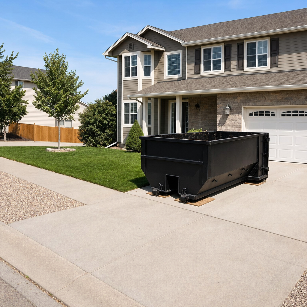 10-yard matte-black residential dumpster placed directly on a narrow Baytown concrete driveway, room remains for a parked sedan beside it, mid-morning natural light