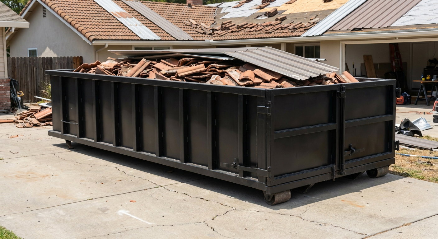 Matte-black low-wall heavy-debris roofing roll-off dumpster sitting directly on a Baytown concrete driveway, broken concrete clay roof tiles and metal panel sections loaded inside, reinforced ribbed steel side walls visible, bright outdoor daylight.
