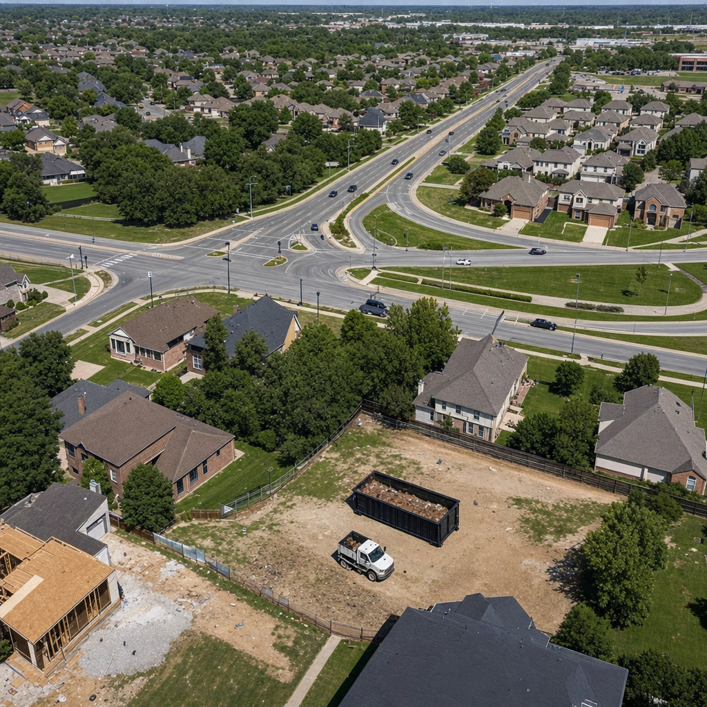 An overhead documentary view of the Baytown metro area at midday, showing the spread of neighborhoods, arterial roads, and the dispatch radius from a central yard — clean daylight, organized geographic layout.