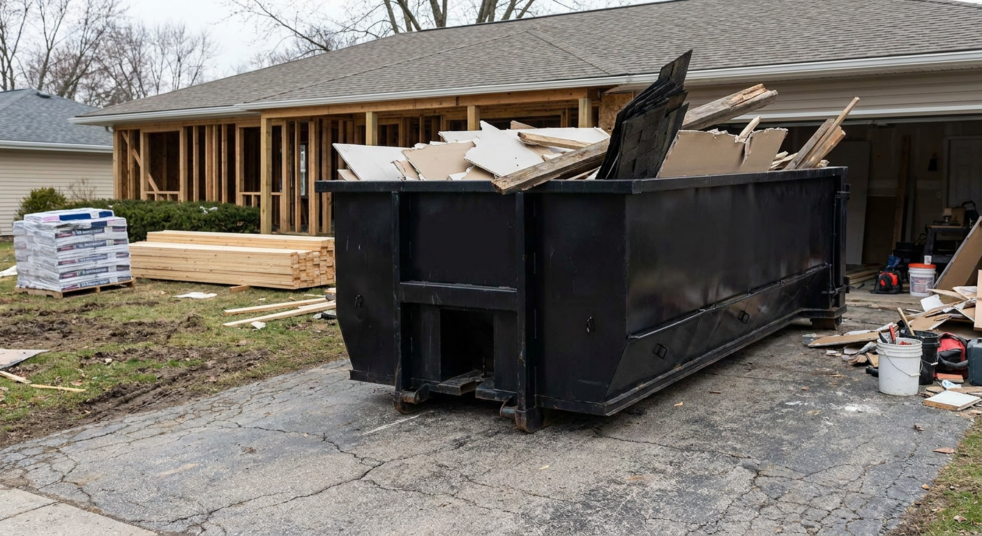 A matte-black 20-yard roll-off dumpster placed alongside a mid-renovation Baytown home directly on the asphalt driveway, with framing materials and torn-off shingles staged neatly nearby.