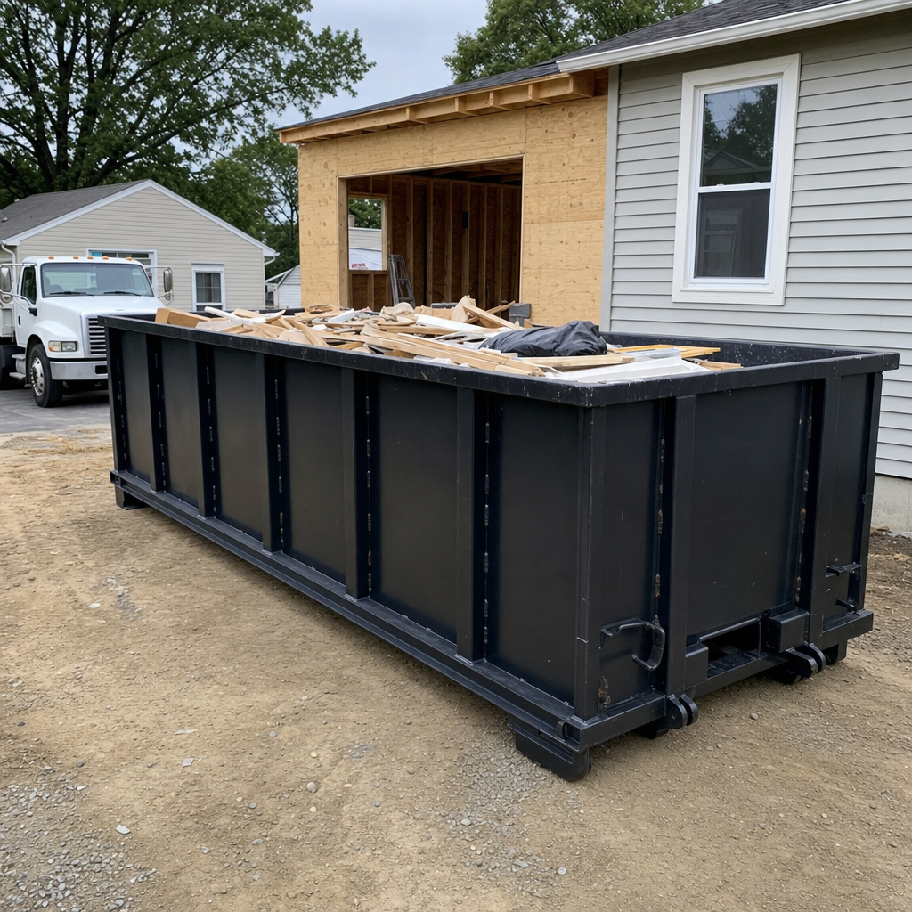 A matte-black 30-yard roll-off dumpster positioned at a Baytown residential addition jobsite, with framing lumber and drywall scraps loaded through the open swinging rear doors.