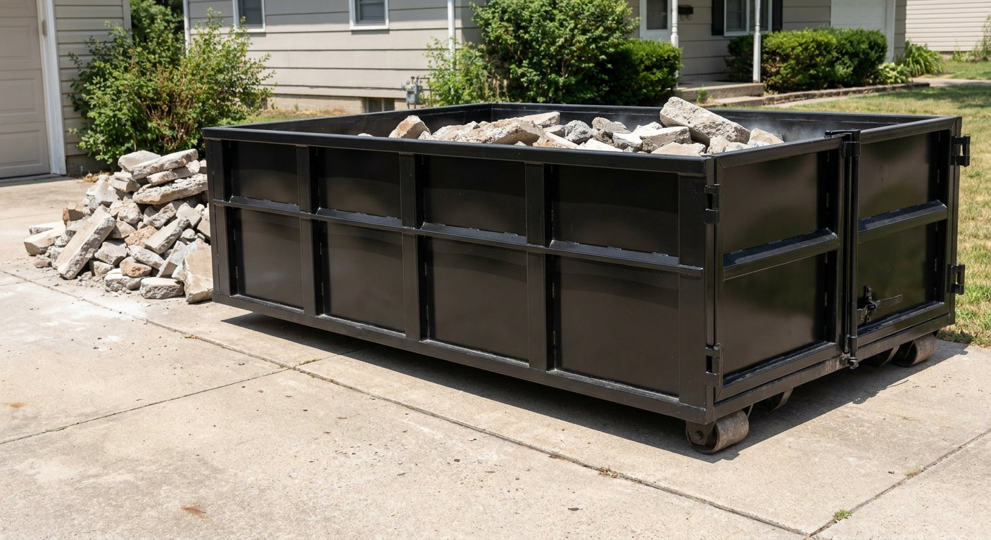A matte-black low-side heavy-debris roll-off dumpster placed directly on a Baytown concrete driveway, with broken concrete chunks neatly stacked beside it under clean daylight.